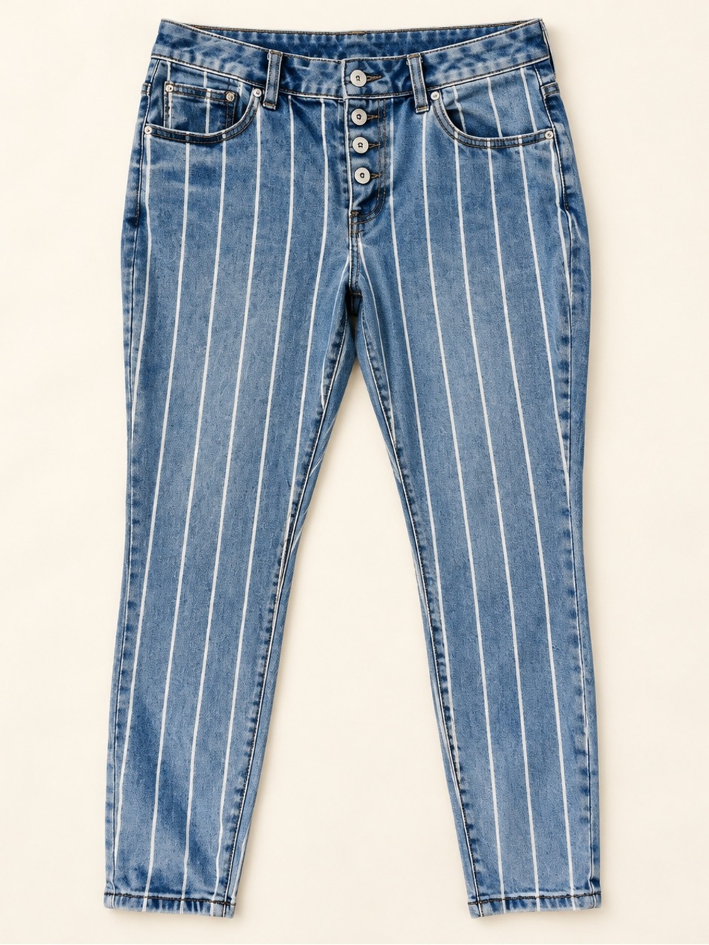 Rue21 Plus Size 16 Blue White Pinstripe Button Fly Skinny Jeans Y2K